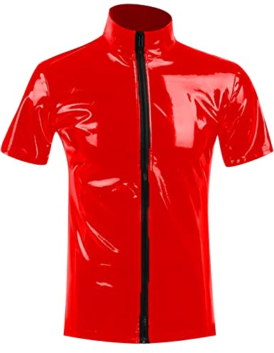 BIKETAFUWY Latex ähnliches Herren Shirt Sexy Schwarz Leder Optik Männer Shirt Unterhemd Kurzarm Unterwäsche Stretch Hemd Tops Clubwear Guywear Freizeithemd Sommer Muskel Top Lack-Leder Oberteil 002