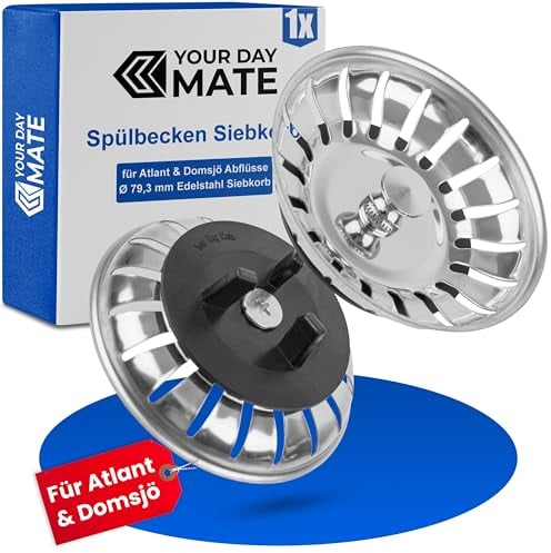 Spülbecken Siebkörbchen, 1 Pack, Ø 79,3 mm, kompatibel mit IKEA Siphon ATLANT und DOMSJÖ, Siebkorb mit DREI-Bein Gummidichtung, Ersatzteil für Atlant Spültisch und Domsjö Spüle, Küche Stöpsel Sieb