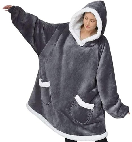 Hoodie Decke Plaid Hoodie Blanket Winter Soft Weighted Fleece Christmas Hooded Blankets Warm Oversized Sherpa Wearable Blanket with Sleeves (Color : Gray)