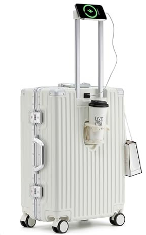 lesulety Hard Shell Suitcase Cabin 4 Wheels Small Suitcase On Wheels with USB Charger Cup Holder,Hand Luggage Case Zipperless,White,20in