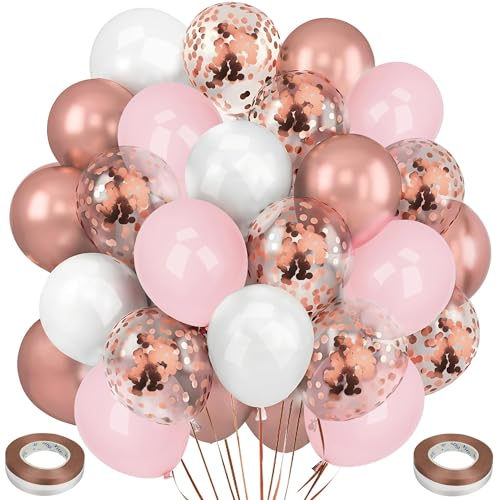 Ziamzra Luftballons Geburtstag Set 60 Stück Luftballons Rosegold Konfetti Helium Ballons Rosa Weiße Luftballons Metallic 12 Zoll mit Bändern für Hochzeit Silvester Jubiläum Kinder Mottoparty Deko