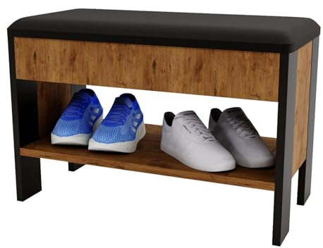 CraftPAK Schuhregal mit Klappdeckel und gepolstertem Sitz| Schuhbank | Schuhschrank mit Sitzfläche 46x66x33 cm - Schmale Sitzbank aus Holz mit Schuhablage Schuh Bank mit Polster/Retro Schwarz