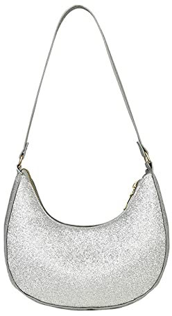 Aigner Taschen Damen Groß einfarbig Pailletten Umhängetasche Metall Reißverschluss Handtasche Holster Taschen (Silver, One Size)