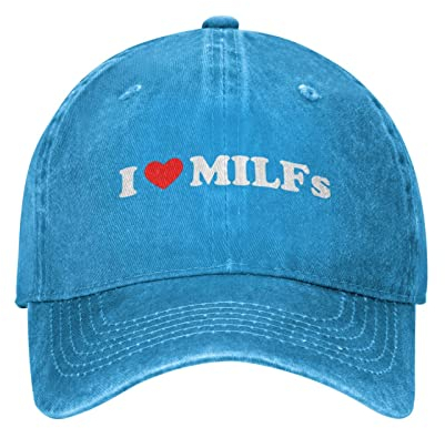 NLWQEKV Baseballkappe mit Aufschrift „I Love Milfs“, Muttertag, lustig, „I Heart Milfs“, gewaschen, für Herren, Cowboyhut, Sonne, Trucker-Mütze