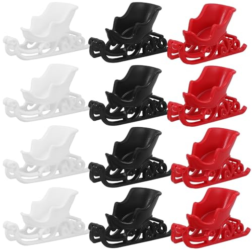 Cabilock 12 Pcs Mini Christmas Santa Sleigh Ornaments with Reindeer - Decorative Plastic Figurines for Xmas Tree, Tabletop Decor & Holiday Crafts