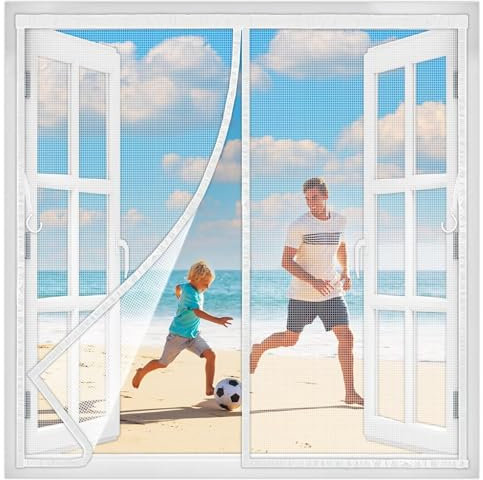 Zanzariera Finestra Porta Magnetica 145x85 cm, Zanzariere su Misura Chiudi Automaticamente con Zanzariera a calamita per Finestre d'IngressoFinestre Cortili Bianco Nuova-Versione
