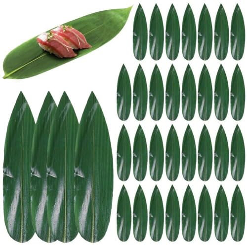 HiyyFloy 100 Pcs Sushi Bamboo Leaves Decorations Japanese Plates Tropical Trees Leaves Tray Artificial Grass Mat Sashimi Bamboo Leaf for Seafood