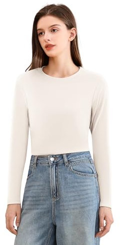 POWER FLOWER Women's Thermal Long Sleeve Top – Round Neck, Fleece-Lined Base Layer Shirt, Soft and Warm Thermal Underwear (90055-Khaki, S-M)