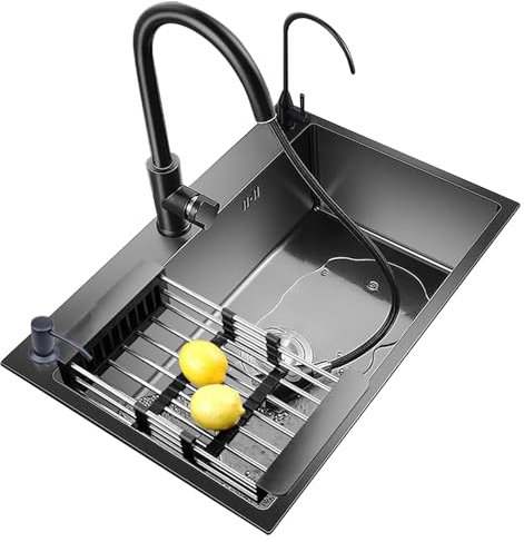 Fregadero de cocina Fregadero negro de acero inoxidable 304 para bar, balcón, bar y cocina con dispensador de jabón, grifo y juego de desagüe (gris oscuro, 68 x 45 cm)