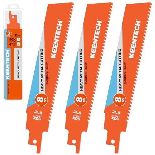KEENTECH Carbide Sawzall Blades for Hard & Heavy Metal Cutting, 6 Inch 8 TPI, Heavy Duty Reciprocating Saw Blade with High Cutting Speed For Thick Metal, Cast Iron, Alloy Bolt, Stainless Steel, 3 Pack