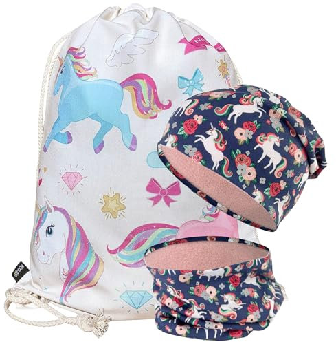 HECKBO Einhorn Turnbeutel + Reflektor Beanie & Loop Schal mit Jersey Stoff innen wendebar