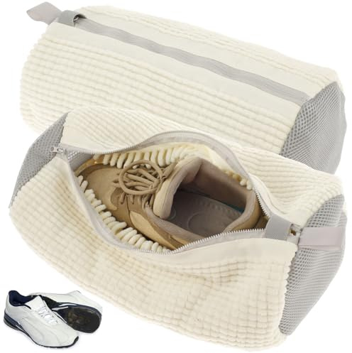 2Pcs Shoe Washing Machine Bag, Shoe Cleaning Bag with Zipper and Hook, Reusable Shoe Laundry Bag,Portable Lightweight Shoe Washing Bag for Sneakers Running Shoes,39x19cm (White)