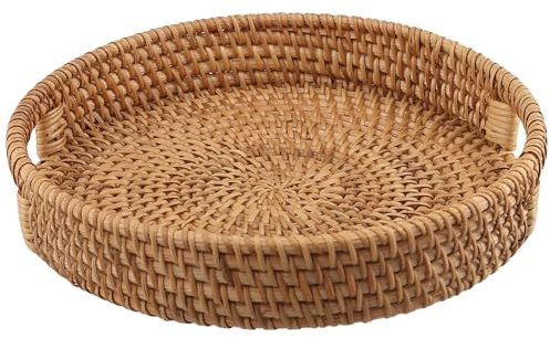 TAICHEUT 30cm Round Rattan Woven Serving Tray, 12 Inch Decorative Woven Tray with Handle, Woven Coffee Table Tray for Snacks, Candy, Fruit, Bread, Tea Cup
