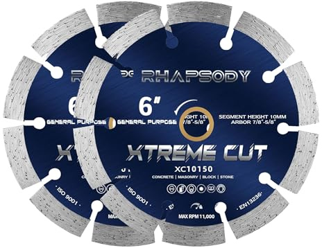 RHAPSODY 6 Inch Diamond Saw Blade 2Pcs, Segmented General Purpose Blade Dry/Wet Cutting Concrete, Masonry, Brick, Block,7/8-5/8” Arbor