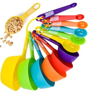 Rightox Measuring Cups and Spoons Set Stackable Food Graded Plastic Kitchen Measurements Set for Baking (12 Pieces Multicolor)