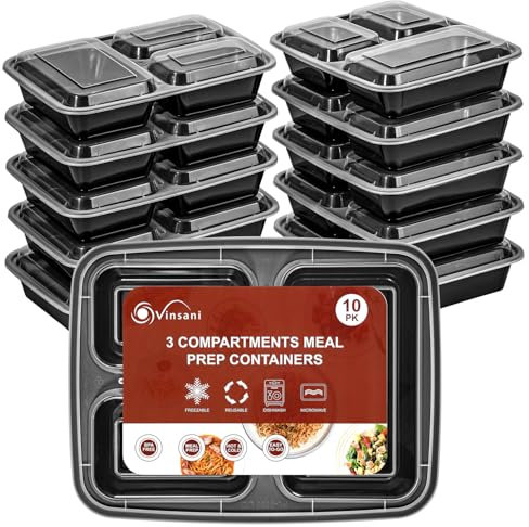 Vinsani 3 Compartment Meal Prep Containers – 10/20/30 Pack 32oz BPA-Free Reusable Plastic Food Storage Trays with Lids, Stackable Bento Lunch Boxes – Microwave, Freezer & Dishwasher Safe (10 Pack)