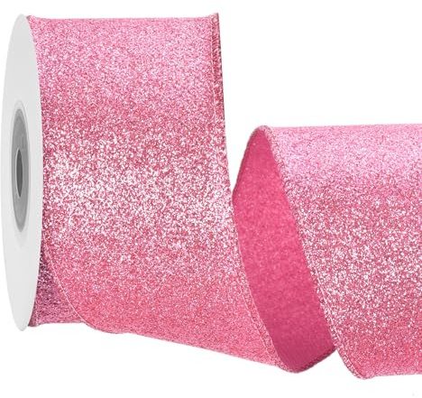sourcing map Cinta con alambre con purpurina de 6,3 cm, cinta iridiscente rosa brillante de 10 yardas para decoración de corona de árbol de Navidad, envoltura de regalos, con borde metálico
