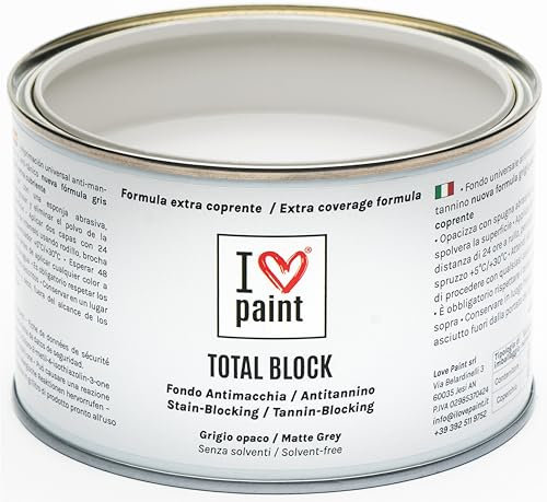 I LOVE paint Total Block 375 ml - Fondo antimacchia/antitannino super aggrappante - Nuova formula, grigia extra coprente - Senza solventi e formaldeide - Professionale.