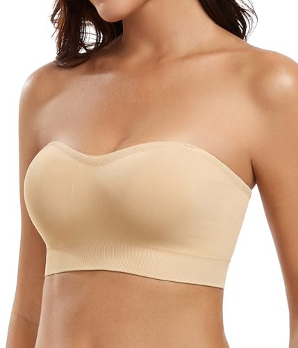 DotVol Women's Non-Slip Wirefree Strapless Bra with Removable Pads Seamless Multiway Bandeau Tube Bra(Beige,XL)