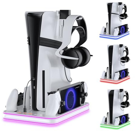 Stand and Cooling Station for PS5/PS5 Slim/PS5 Pro with RGB LED Controller Charging Dock Accessories, Charger for PlayStation 5 Controller and PS Portal Console Headset and Remote Holders (White)