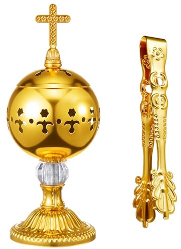 Zonon Church Incense Burner with Tong Charcoal Polished Brass Censer Holder Christian Church Catholic Incense Burner Holder Cones Cross 7.9 Aromatherapy Fragrance Ornament