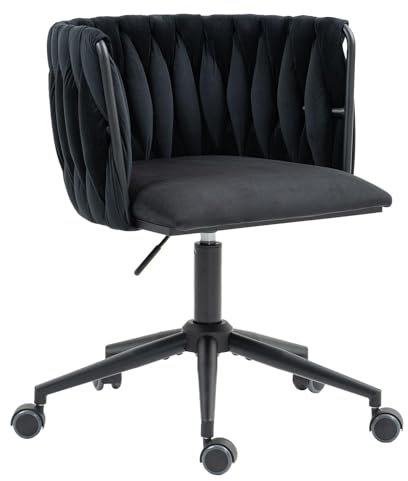 LIFEISLE Bürostuhl, 360° drehbar, Schreibtischstuhl Schminkstuhl, höhenverstellbar Drehstuhl mit Rollen, handgeflochtene Rückenlehne, Wohnzimmersessel Schwarz