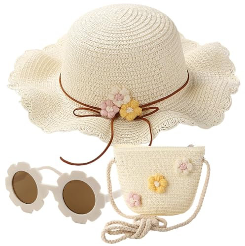 Chapeau De Soleil Et Sac en Tricot De Paille 3 Pièces,Lunette De Soleil,Chapeau Paille Enfant 3-8 Ans avec Décoration Florale pour Accessoires Voyage Extérieur(Blanc Crème)