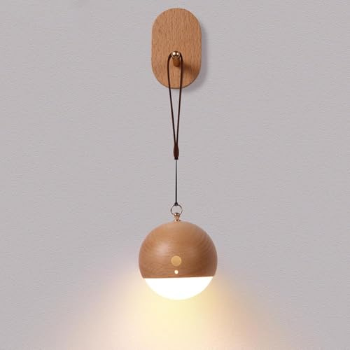 LOGT Akku Kugel Wandleuchte Kabellos Innen LED Wandlampe Holz Touch Control und Soundgesteuerte Hängelampe Aufladbare Batterie Wandbeleuchtung Runde Tragbare Campingleuchte Wohnzimmerlampe,Natural