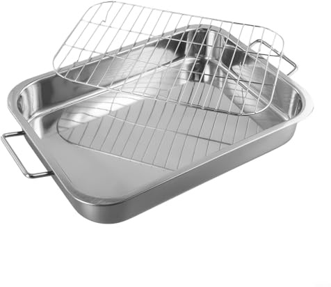 Honseadek Professioneller Edelstahl-Bräter mit Grillrost, Küchen-Backblech, tiefe Ofenform, hochglanzpoliert, Edelstahl-Griffe, Bräter für Truthahn-Gemüse (36 x 26 x 6 cm)