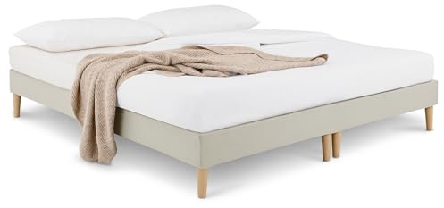 IDIMEX Sommier tapissier Rennes 180 x 200 cm Structure en Bois et revêtement en Tissu Beige, Cadre de lit avec Pieds et sommier à Lattes déhoussable pour 1 Personne