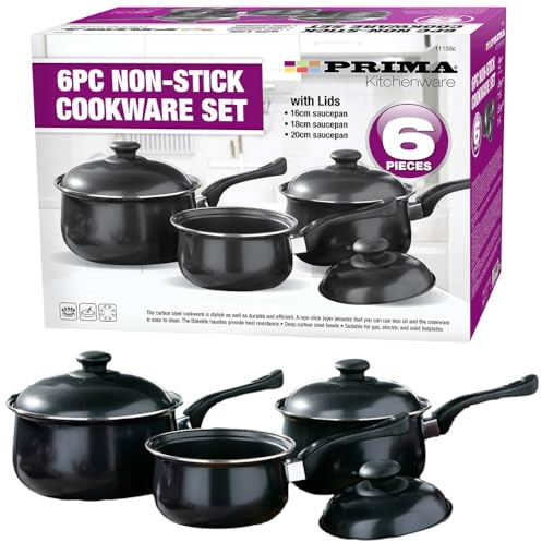 HomeVibe 6-Piece Non-Stick Carbon Steel Saucepan Set with Lids – Durable Cookware Set Includes 3 Saucepans (16cm, 18cm, 20cm) + 3 Glass Lids – Heat-Resistant Handles, Easy Clean & Even Heat