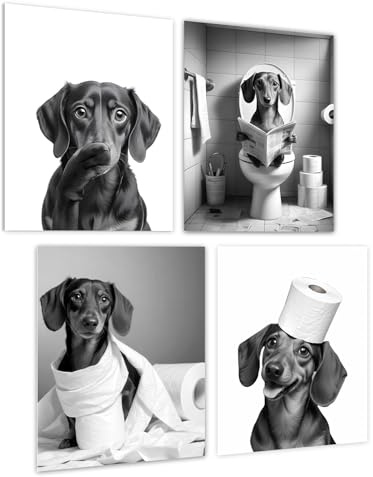 Komergave 4 Stück Dackel Bilder Badezimmer, Schwarz-weiß Badezimmer Deko Wandkunst, Toilette Poster WC Deko Bad Poster WC Deko Gästetoilette Bild für Toilette Oben, Waschbecken Neben, 20 × 30 cm