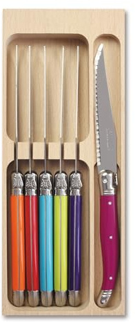 Andre Verdier Laguiole Steak Knife Set of 6 in Wooden Tray, Premium Stainless Steel - Sharp Serrated Knife Set, Made in France, Multicolour