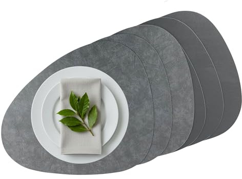 G.schmückt Platzset Kunstleder oval, Wendbares Tischset abwaschbar, Modernes Platzdeckchen, Tischunterlage Nierenform (Grau, 6 Stück Platzsets)