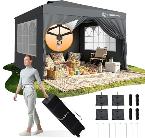 STORKING Pop Up Pavillon 3x3 Wasserdicht Stabil, 3 x 3 m Pavillon Mit Seitenwänden, Faltpavillon Partyzelt Faltbar für Camping Party, Höhe,Garten,Verstellbar 230-250cm (Grau, Mit Seitenwände)