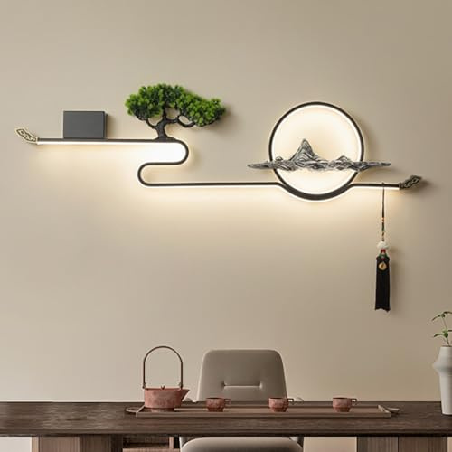 FIEUOGA 3D Wandskulptur mit LED Beleuchtung Metall Wanddekoration Wandbild zum Aufhängen mit Netzanschluss Chinesisches Kreatives Landschaftsmotiv(D,L120cm/47in)