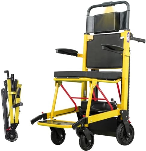 VOCIC AY04 Elektrischer Treppensteiger Rollstuhl Faltbar mit Gummikette | Elektrische Treppenhilfe Rollstühle bis 220KG, Treppenlift Medizinische Rettungstrage mit LED Licht für Behinderte (Gelb)