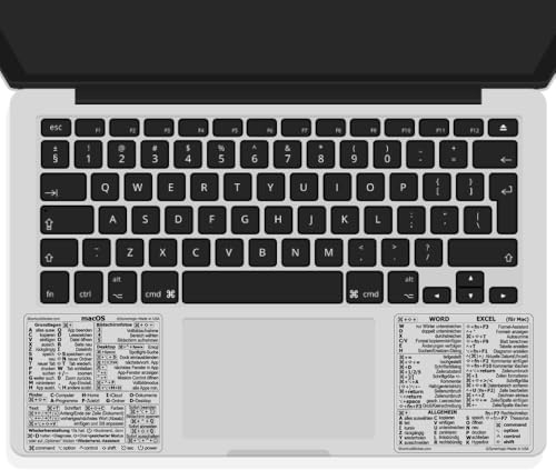 Synerlogic Mac OS & Word/Excel Kurzbefehle-Sticker | Tastatur-Sticker für macOS | Laminierter Vinyl-MacBook-Spickzettel für Laptop | MacBook-Kurzbefehle 2026 (Clear/Black/German)