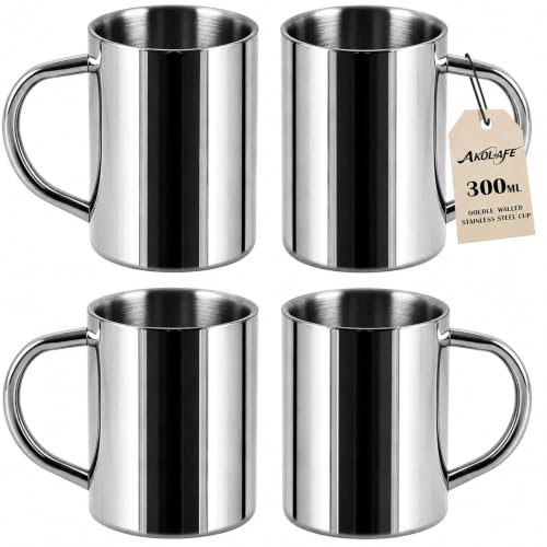 AKOLAFE 4 Pièces Gobelets Inox Double Paroi 300 ml | Acier Inoxydable 304, Finition Argentée, Diamètre 8 x Hauteur Totale 9,5 cm, avec Anse, pour Boissons du Quotidien
