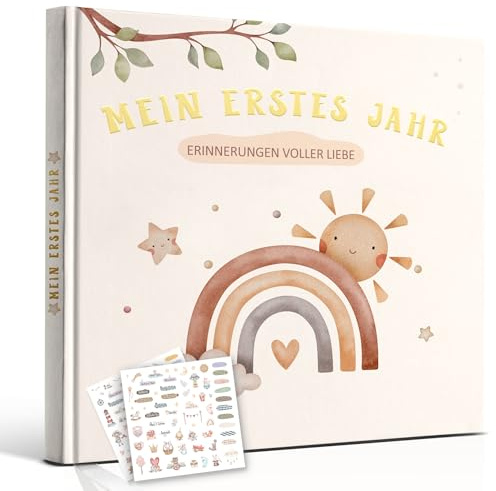 Hyggartn Mein Erstes Jahr Babyalbum mit 129 Stickern Personalisierte Geschenke Baby Geschenk Geburt Junge & Mädchen Fotoalbum Baby Erinnerung Babytagebuch 21x21 cm (Regenbogen)