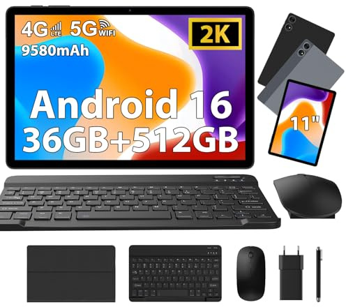 MIVASOLO Tablet 11 Inch Android 16 Tablet,4G LTE 5G WiFi,36GB RAM+512GB ROM/9580mAh/13+8MP/BT5.0,Tablets with Keyboard,Mouse,Grey