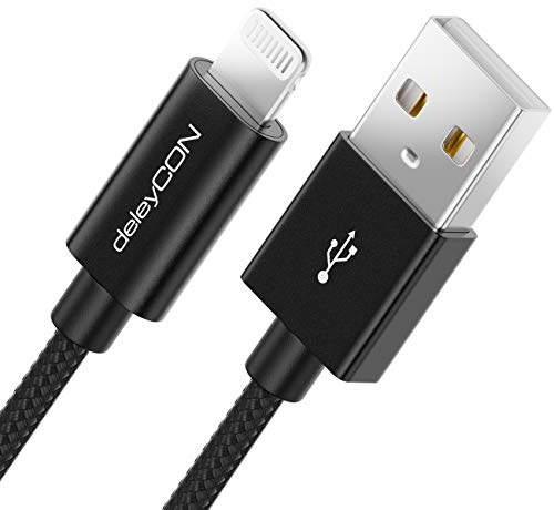 deleyCON 2m Cable Lightning 8 Pin USB MFI para IPhone 14 Pro Max, 14 Plus, SE, 13 Pro, 13 Mini, 12 - Conector de Metal y Cable de Nylon - Negro