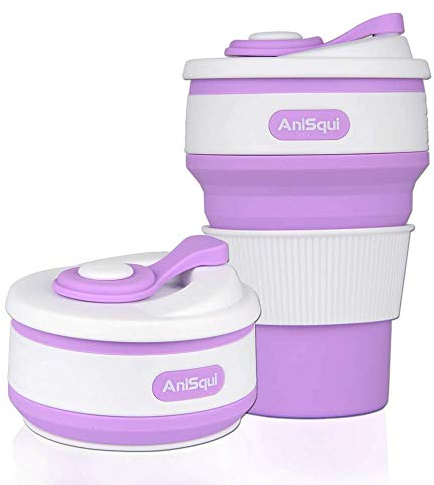 Collapsible Coffee Cup Silicone with Lids (12oz 350ml, BPA Free Eco Reusable Coffee Cup), Portable Coffee Cup, Foldable Coffee Mugs Collapsible by AniSqui (Purple)