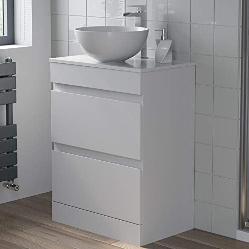 Artis 600mm Bathroom Vanity Unit Countertop Round Basin Floor Standing Gloss White