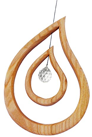 Fensterdeko aus Holz 17cm, Tautropfen mit Kristall, Fensterschmuck zum Aufhängen