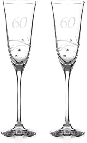 DIAMANTE Swarovski 60th Birthday or Anniversary Champagne Glasses – Pair of Crystal Champagne Flutes with Hand Etched “60” with Swarovski Crystals