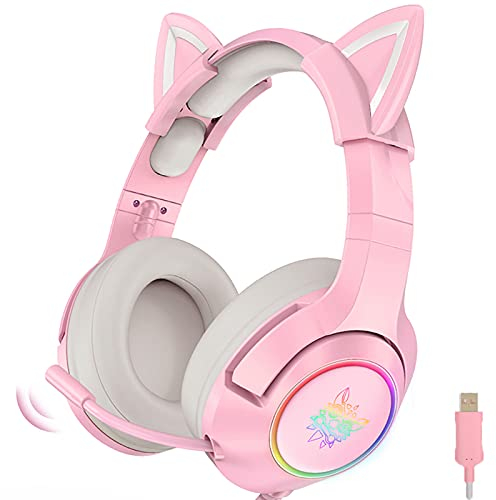 Gaming-Headset Pink, Niedliches Katzenohr-Headset, 7.1-Surround-Sound-Gaming-Headset Mit Einstellbarer Geräuschunterdrückung, Led-licht, Einziehbarem Mikrofon Und Abnehmbarem Katzenohr