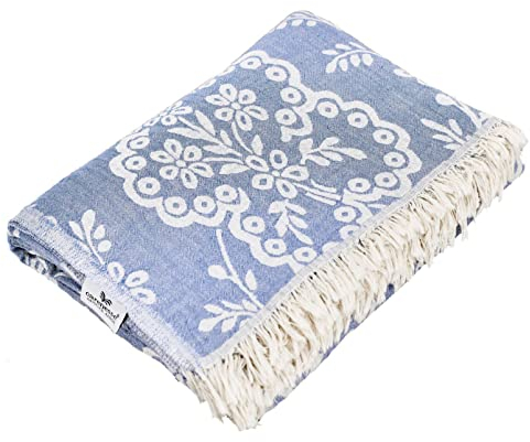 Carenesse Jacquard Tagesdecke Single Size Paisley 150 x 200 cm blau I Edle & zarte Wendedecke aus 100% Baumwolle mit hochwertiger Webung I Überwurf für Bett & Sofa I Wohndecke dünn & leicht