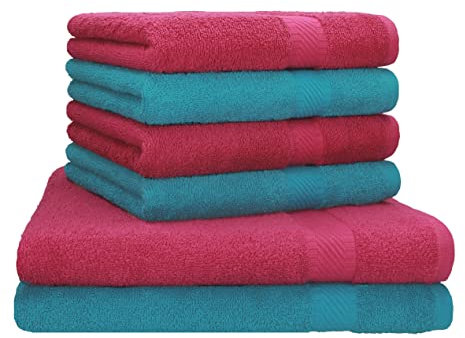 Betz Palermo 6er Set Handtuch 2 Stück Duschtücher 70x140 cm 4 Stück Handtücher 50x100 cm Liegetuch Saunatuch - Petrol - Cranberry