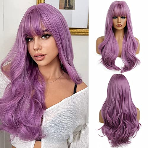 Esmee 26 Zoll Lila Perücke mit Pony Natürliches Synthetisches Haar Lange Gewellt Perücken für Frauen Täglich Party Cosplay Tragen